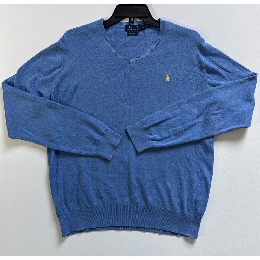 Polo Ralph Lauren Mens Blue Pima Cotton V-Neck Sweater Small Yellow Pony Logo